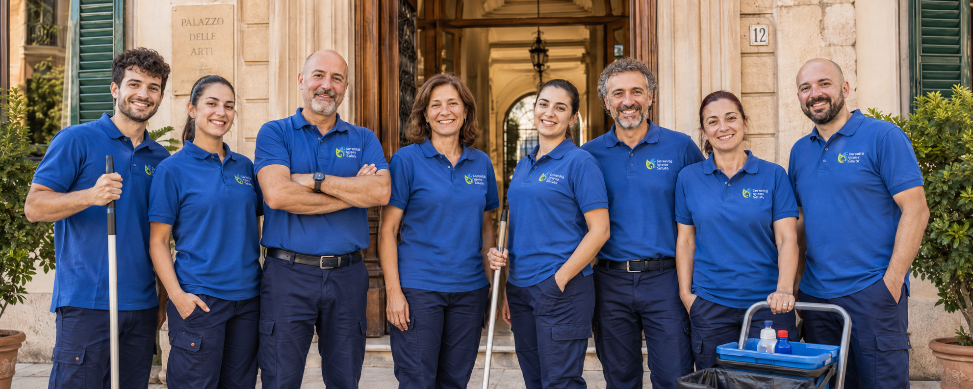 La squadra della cooperativa Serenità Igiene Salute davanti a un edificio a L'Aquila