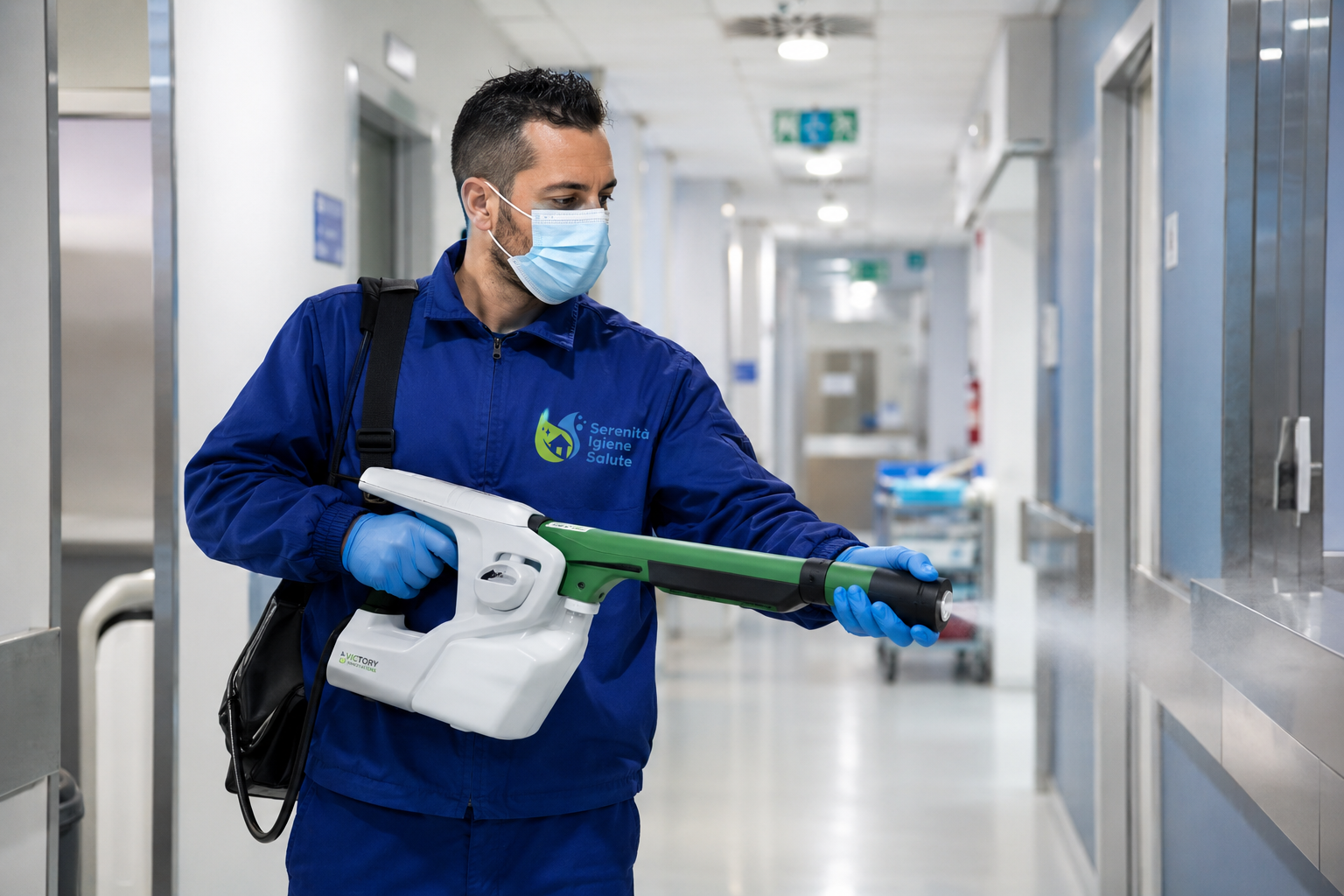 Operatore con DPI esegue sanificazione professionale con nebulizzatore in una struttura sanitaria