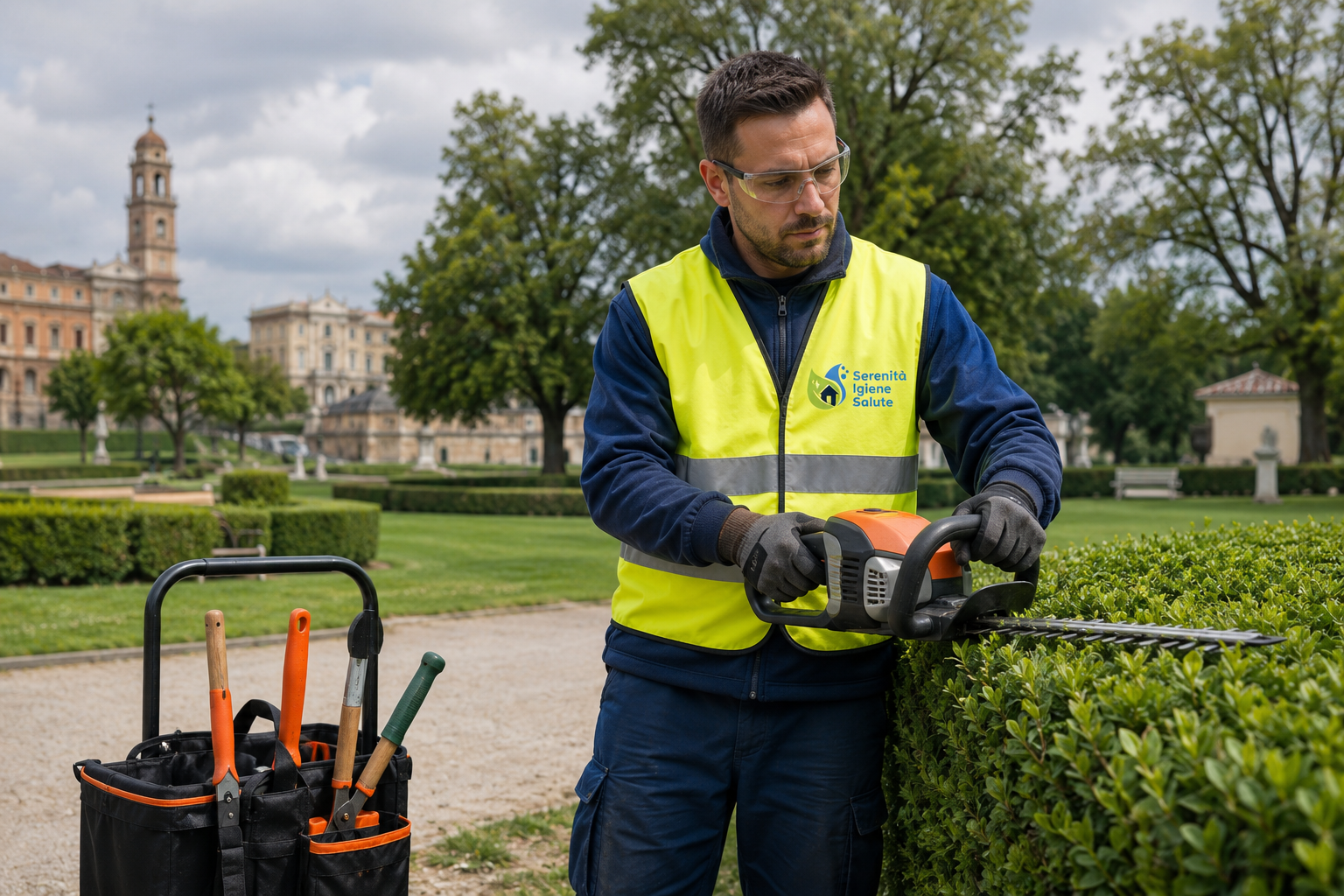 Giardiniere professionista durante la manutenzione del verde in un parco pubblico